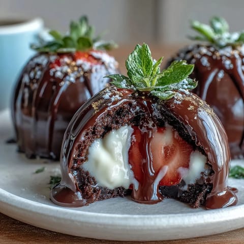 Dubai Chocolate Strawberry Bombs with Cream Filling, a luxurious dessert of fresh strawberries in rich dark chocolate shells, topped with silky cream and edible gold leaf.