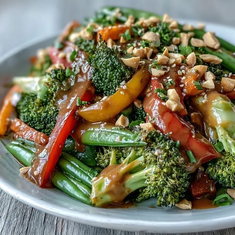 Colorful veggie stir-fry with broccoli, bell peppers, and carrots in creamy peanut sauce, garnished with sesame seeds and lime wedges.