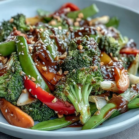 Healthy, easy vegetable stir-fry loaded with crisp snap peas, onion, and ginger, all coated in rich peanut sauce and topped with roasted peanuts.
