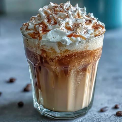 Iced Vanilla Bean Frappuccino with Coconut Whipped Cream in a tall glass, topped with fluffy dairy-free coconut cream and a sprinkle of vanilla bean powder.