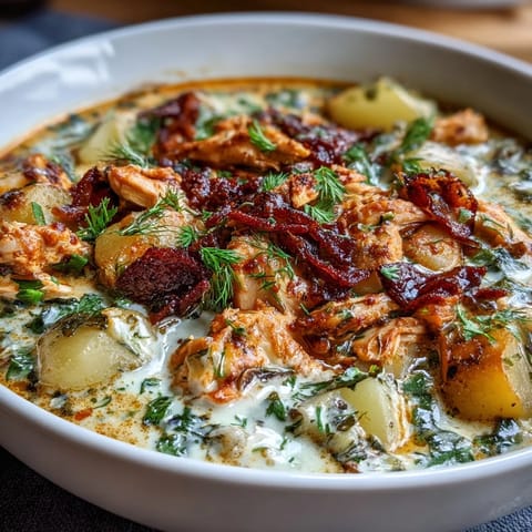 Creamy Slow Cooker Chicken Pot Pie Soup with tender chicken, hearty vegetables, and a golden biscuit topping.