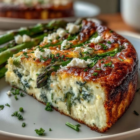 Spring Brunch Frittata with Asparagus and Goat Cheese: golden, fluffy eggs baked with tender asparagus and creamy goat cheese, perfect for a light spring meal.
