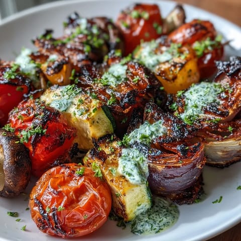 Colorful grilled vegetable skewers featuring summer zucchini, peppers, and mushrooms drizzled with vibrant chimichurri sauce.
