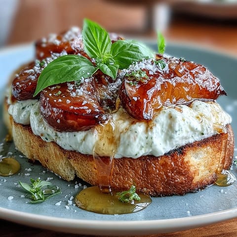 Creamy burrata, juicy honey-glazed peaches, and fresh basil on rustic sourdough toast for a vibrant spring brunch.