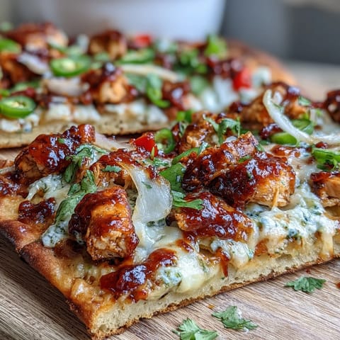 Vibrant BBQ chicken flatbread pizza with smoky grilled chicken, melted mozzarella, red onion, and fresh cilantro.