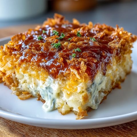 Golden-baked cheesy hash brown casserole with crispy cornflake topping, perfect for Easter dinner or brunch gatherings.