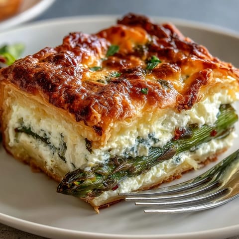 Asparagus Ricotta Tart with crisp puff pastry, creamy cheese filling, and fresh asparagus spears, garnished with lemon zest.