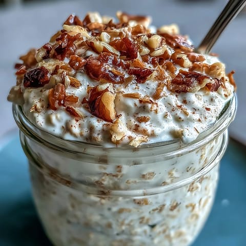 Creamy Carrot Cake Overnight Oats with cinnamon, nutmeg, and walnuts in a jar, topped with shredded coconut and maple syrup drizzle.