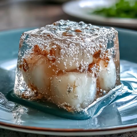 Refreshing lychee agar jelly cubes nestled in sparkling yuzu water.