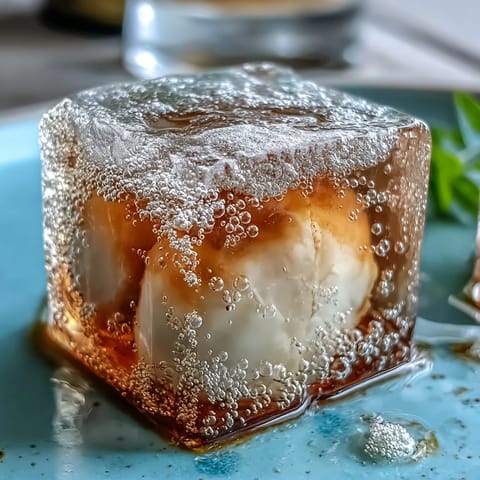 Translucent lychee agar jelly cubes float in effervescent, citrusy yuzu water.