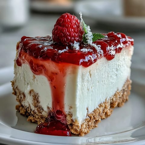 Creamy Mother's Day no-bake cheesecake topped with vibrant raspberry coulis.