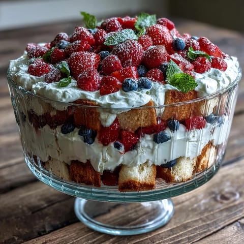Red White Blue Berry Trifle: a festive stacked dessert with creamy, cakey, fruity layers.