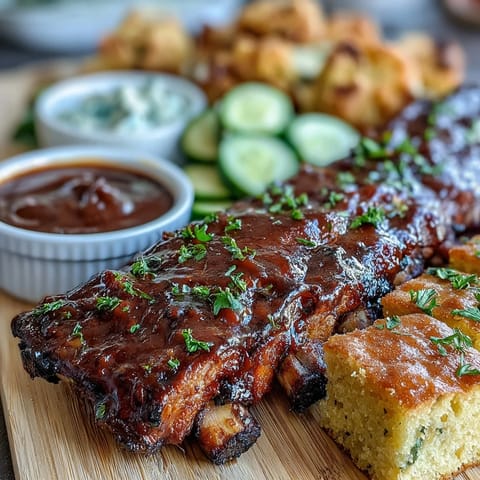 Tender Father's Day BBQ Rib Board with smoky glaze beautifully arranged.