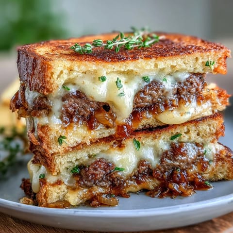Juicy Patty Melt Grilled Cheese with gooey Swiss and caramelized onions on toasted rye.