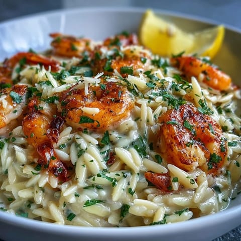 Creamy lemon orzo with shrimp, a vibrant dish glistening with tender seafood.