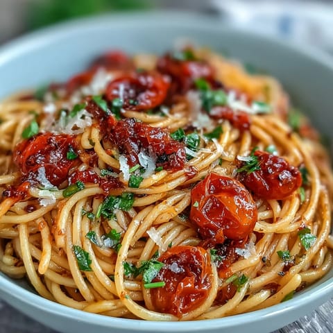 Close-up of Chili Crisp Tomato Butter Pasta, glistening with umami sauce and fresh basil garnish.