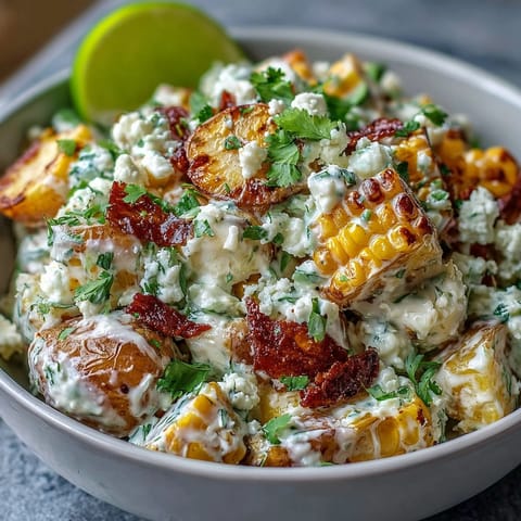 Creamy Elote Potato Salad bursting with grilled corn, cotija, and lime.
