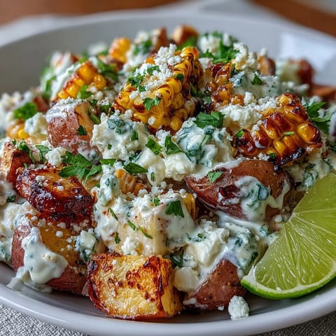 Vibrant Elote Potato Salad topped with crumbled cheese, cilantro, and chili.