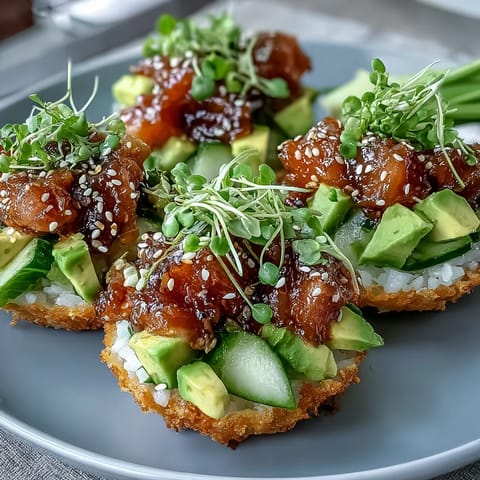 Vibrant tuna poke cups on crispy rice bases, a delicious party appetizer.