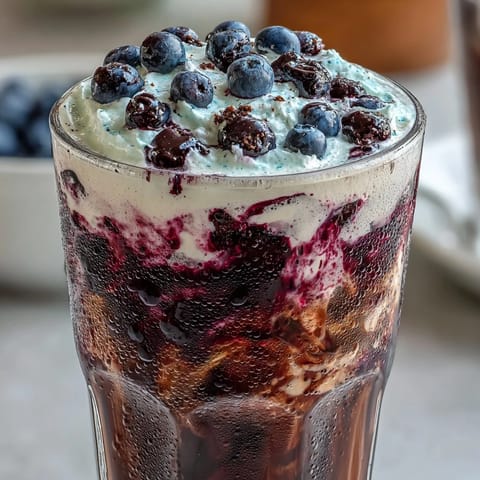 Frothy, frosted blueberry muffin iced coffee topped with creamy vanilla cold foam.