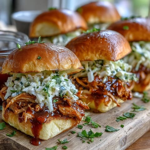 Tender Apple Butter BBQ Pulled Chicken Sliders glistening in savory sauce.