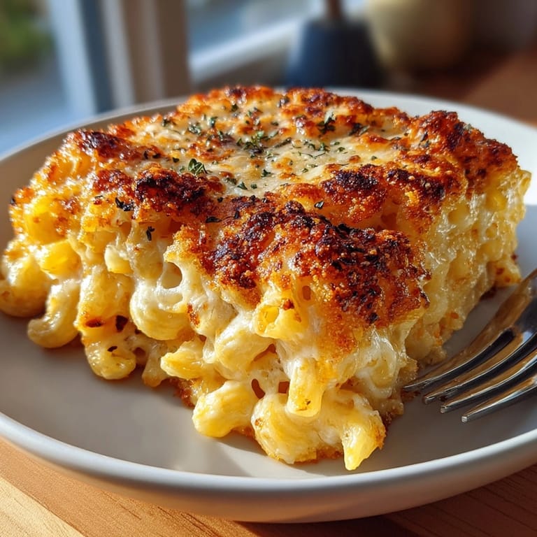Golden baked macaroni and cheese served hot with gooey cheese sauce and toasted crust.