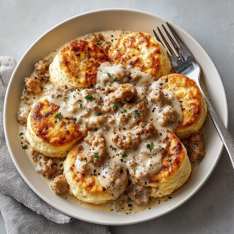Classic biscuits and gravy dish featuring flaky buttermilk biscuits smothered in peppery, homemade gravy.