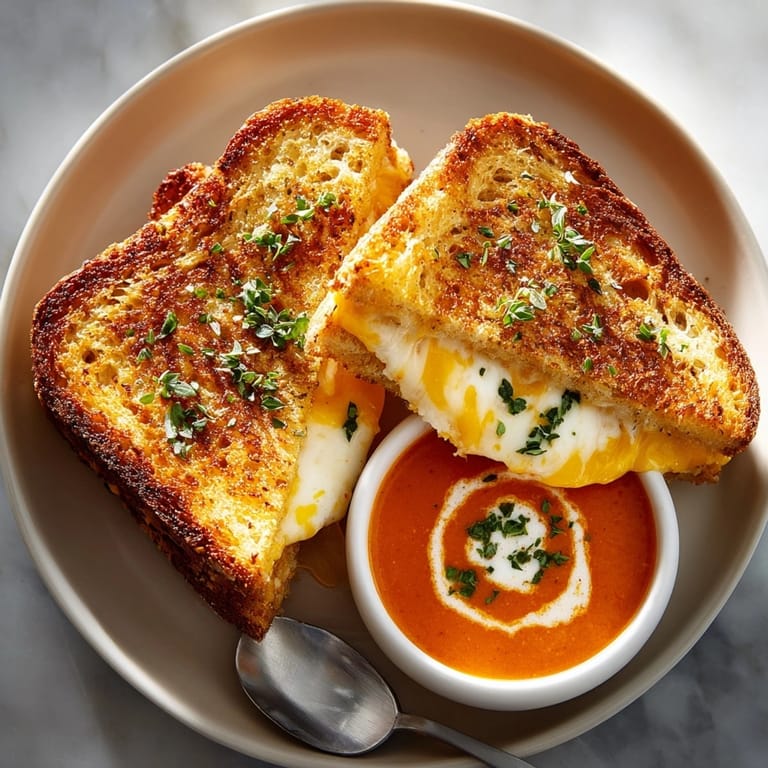 Classic grilled cheese sandwich on crispy bread alongside a rich, velvety bowl of tomato soup.