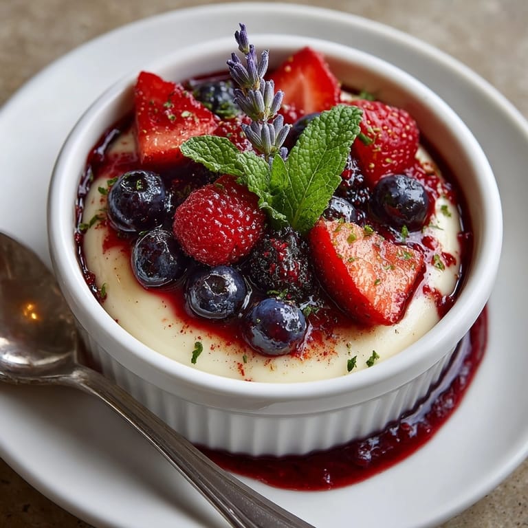Honey Lavender Panna Cotta with Mixed Berry Compote chilled and plated for a festive dessert presentation.