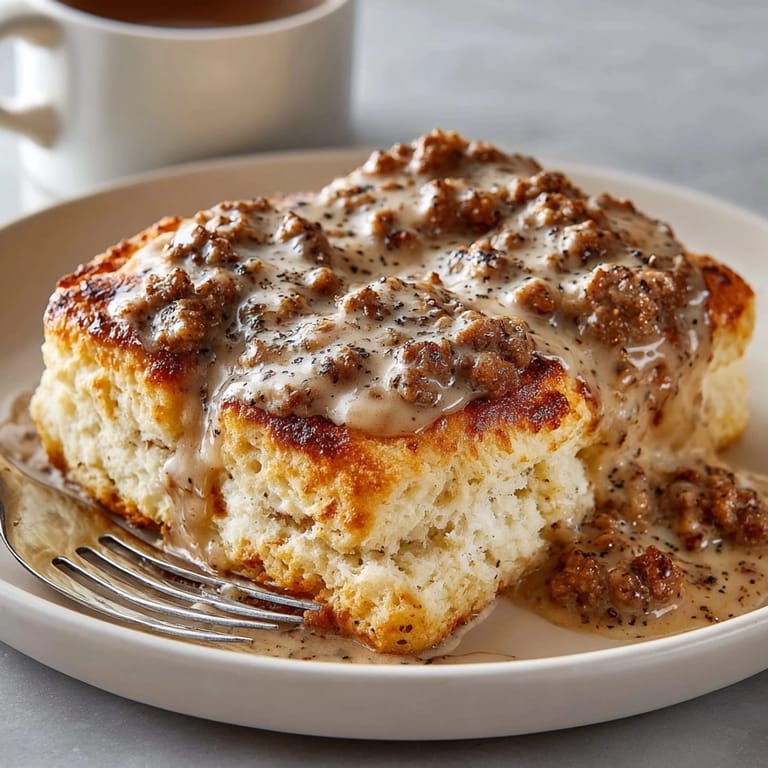 Golden, flaky biscuits topped with rich country sausage gravy for a classic prairie breakfast.
