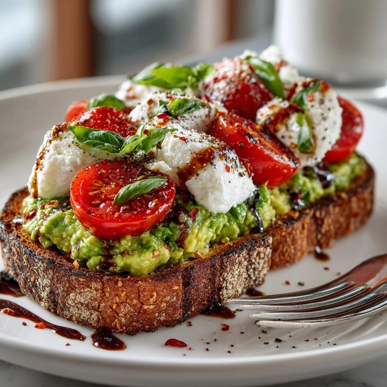 A hearty serving of Caprese Avocado Toast drizzled with balsamic glaze on rustic whole-grain bread.
