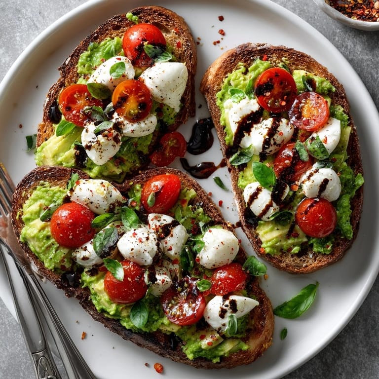 Closeup of creamy avocado mash on Caprese Avocado Toast, garnished with basil and olive oil.