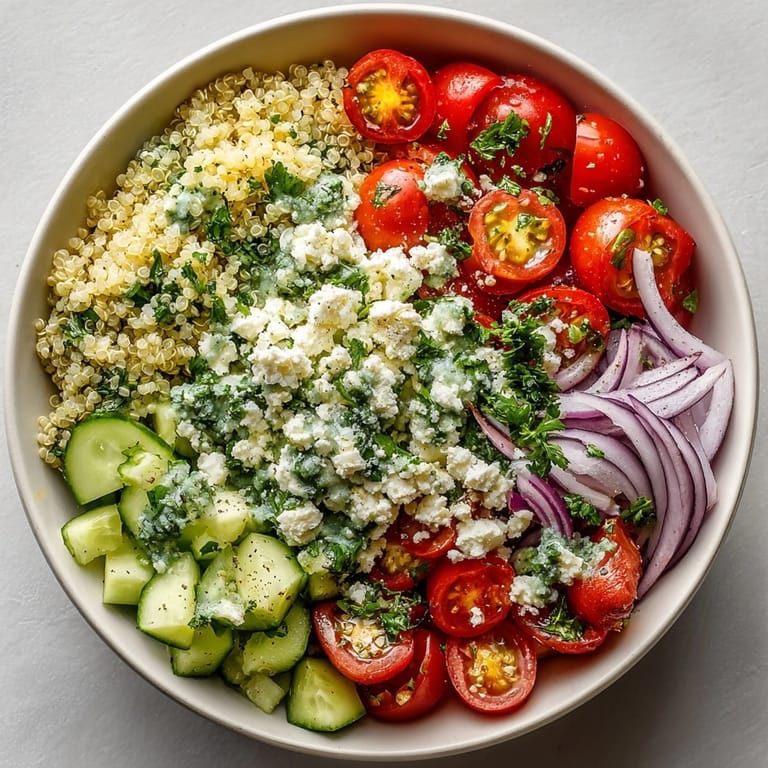 Vibrant cucumber mint quinoa salad displayed as a light Mediterranean fusion lunch option.