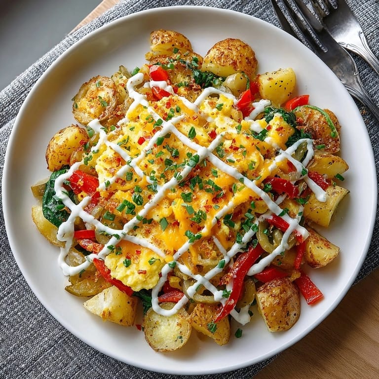 Hearty Pickle-Fix Prairie Scramble with Dill Ranch Drizzle on a breakfast plate with golden potatoes.