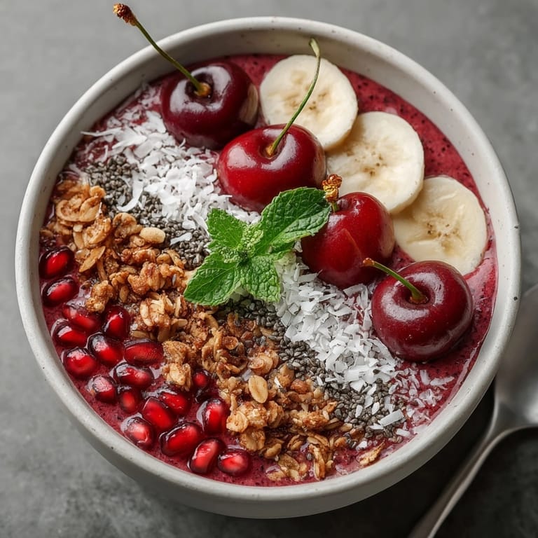 Vibrant Cherry-Coded Holiday Smoothie Bowl with Pomegranate, fresh mint, and juicy cherry garnish for breakfast.