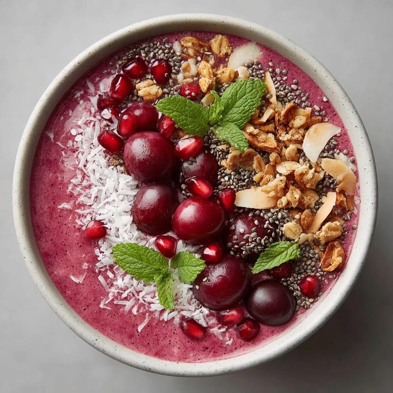 Close-up of Cherry-Coded Holiday Smoothie Bowl with Pomegranate, featuring pomegranate arils and creamy smoothie texture.