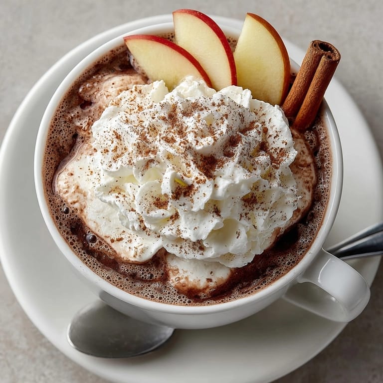 Rich Rebel Float Apple Cider Hot Chocolate with Cinnamon Float, creamy cinnamon topping melting into chocolatey warmth.