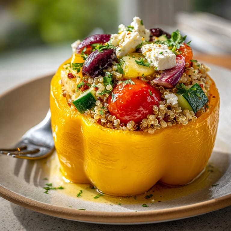 Closeup of vibrant bell peppers overflowing with feta, quinoa, and Mediterranean veggies for 30-Minute Mediterranean Quinoa Stuffed Peppers.