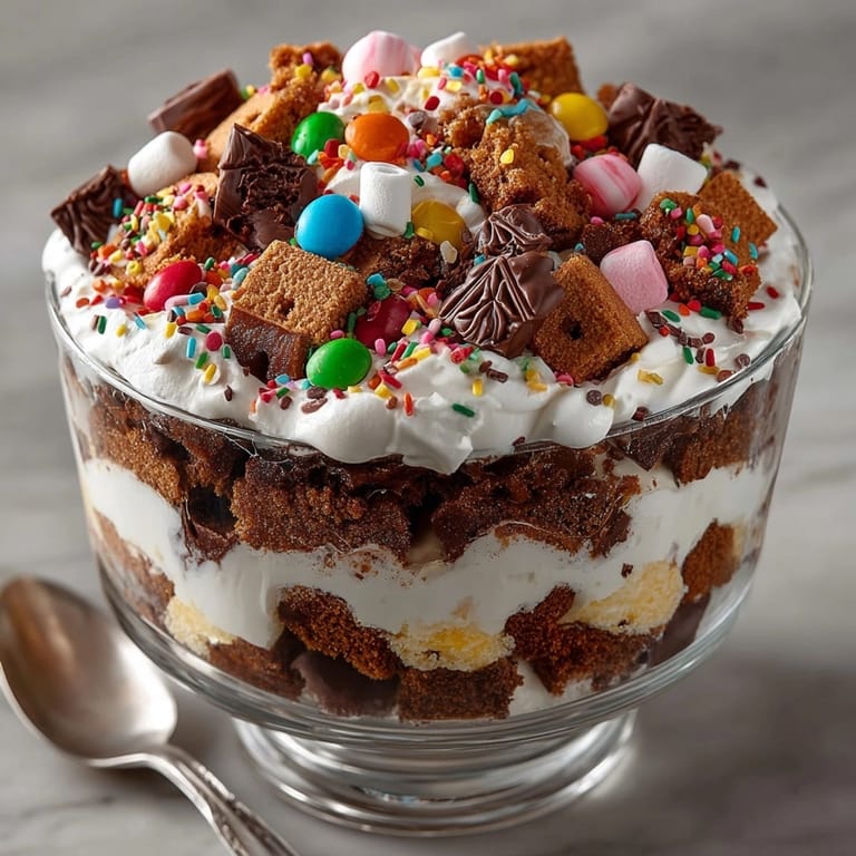 Close-up of Silly Cake Gingerbread House Collapse Trifle showing crumbled gingerbread, colorful candy, and creamy layers.