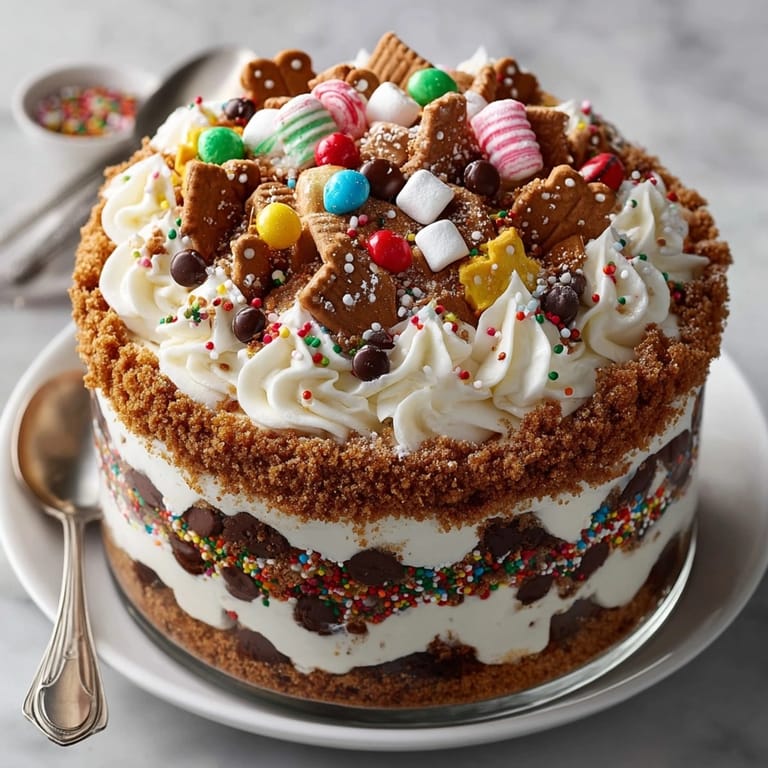 Holiday-ready Silly Cake Gingerbread House Collapse Trifle served in a glass dish with playful toppings and sprinkles.