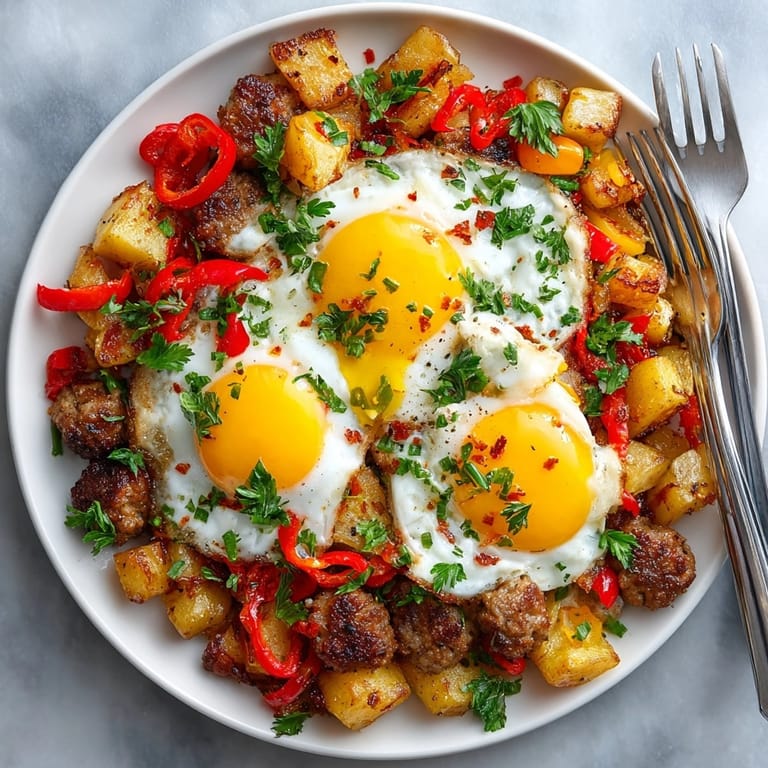 Close-up of Prairie Breakfast Hash with Pickle Butter and Eggs, rich, herbed butter melting over hot, crispy hash.