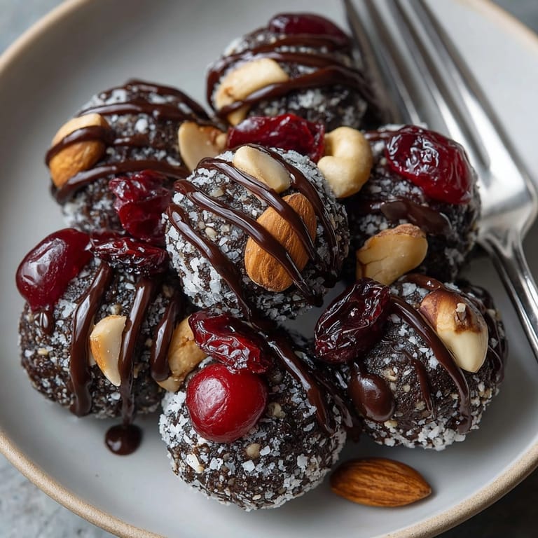 Closeup of Cherry-Coded Dark Chocolate Energy Bites with Sea Salt showing chewy texture and glossy chocolate topping.