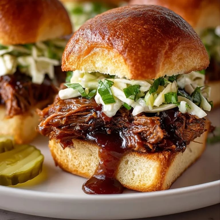 Closeup of Rebel Float Root Beer Braised Short Rib Sliders with tender beef and crisp cabbage slaw