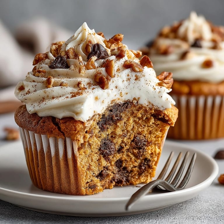 Moist Chaos Cake Pumpkin Spice Disaster Cupcakes with swirled chocolate and crunchy pecan pretzel bits.