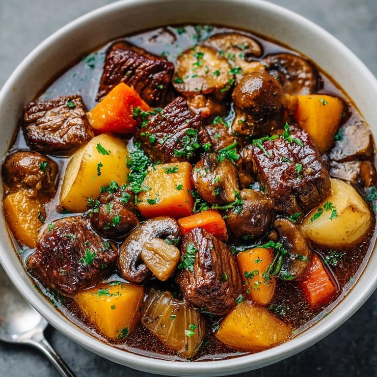 Tender chunks of beef and colorful autumn vegetables in hearty crockpot beef stew, garnished with fresh parsley.