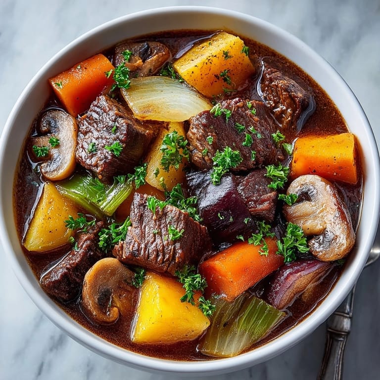 Closeup of comforting hearty crockpot beef stew with fall vegetables, perfect for a cozy family dinner.