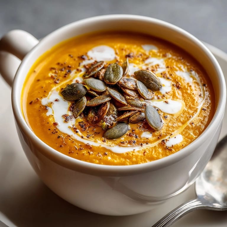 Close-up view of golden creamy pumpkin soup, garnished with crunchy toasted pepitas.