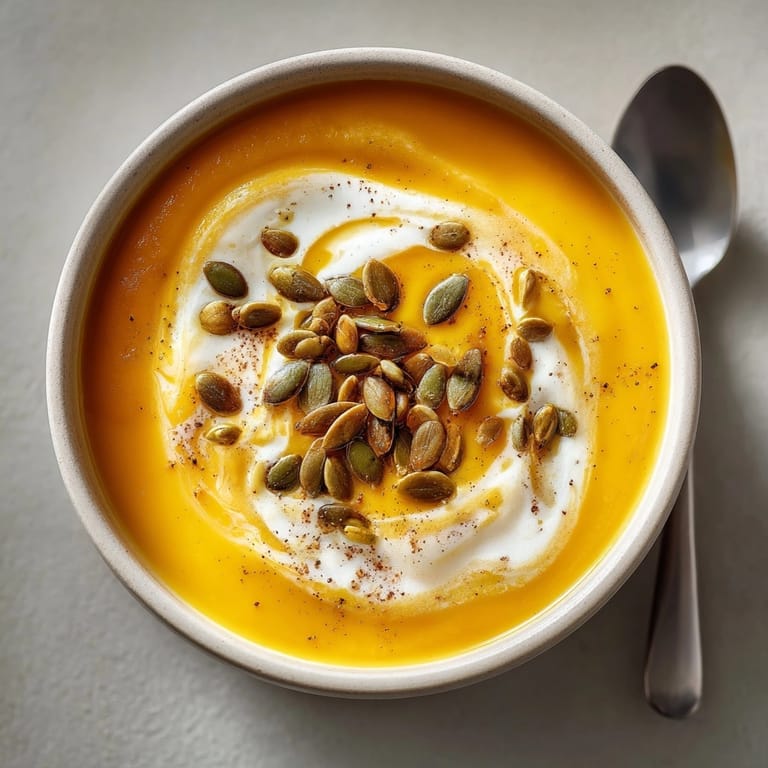 Velvety smooth creamy pumpkin soup swirled with toasted pepitas, offering a delicious autumn aroma.