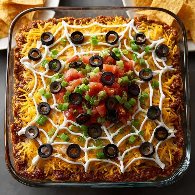 A close-up of the festive spiderweb seven-layer dip, featuring cute olive bat garnishes.