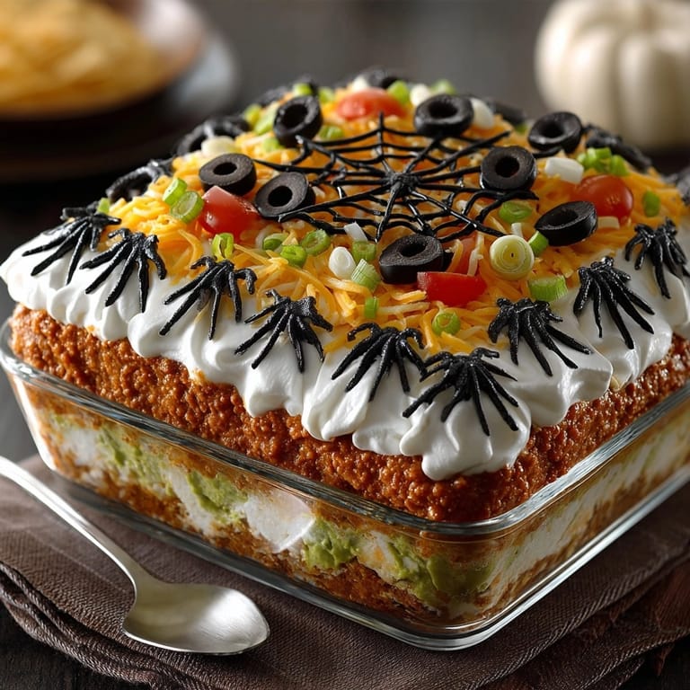 This flavorful seven-layer dip, complete with sour cream web and olive bats, is party-ready.